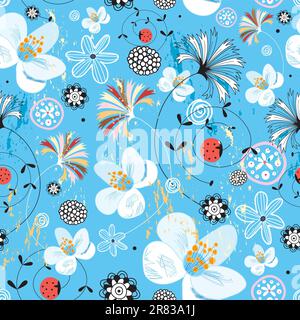 Seamless colorful floral pattern on a bright blue background Stock Vector