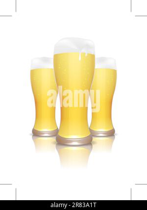 Three beer glasses with reflection isolated on white, vector illustration, eps10 Stock Vector