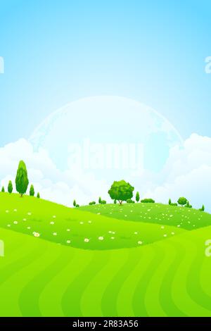 Green Background with Grass Trees Clouds and Moon in the Sky Stock Vector