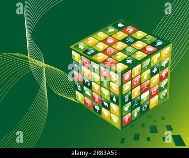 Eco friendly iphone app cube with icon set background. Vector file available. Stock Vector