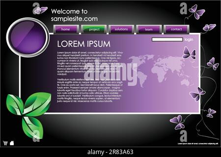 web site design template for company with purple background, white frame, arrows and butterflies Stock Vector