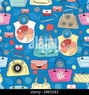 seamless pattern of bright handbags on a blue background Stock Vector
