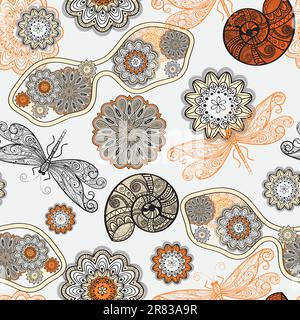 vector seamless pattern with sunglasses, flowers, shells, and dragonflies, clipping mask,  can be uelements can be used separately Stock Vector