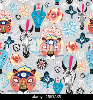 Seamless vivid pattern of wild animals on a gray background with flowers Stock Vector