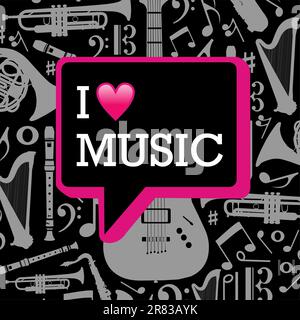 I love music written in dialog bubble on black background with gray musical instruments silhouettes. Vector fille layered for easy manipulation and... Stock Vector
