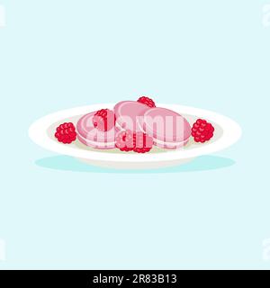 Delicious pink macaroon cookies with raspberries on plate, vector illustration. Stock Vector