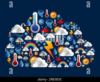Weather icons set in cloud computing shape background. Vector file layered for easy manipulation and custom coloring. Stock Vector