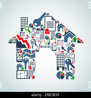 Real estate icon set in house silhouette background illustration. Vector file layered for easy manipulation and custom coloring. Stock Vector