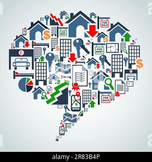 Real estate icon set in social media bubble shape background illustration. Vector file layered for easy manipulation and custom coloring. Stock Vector