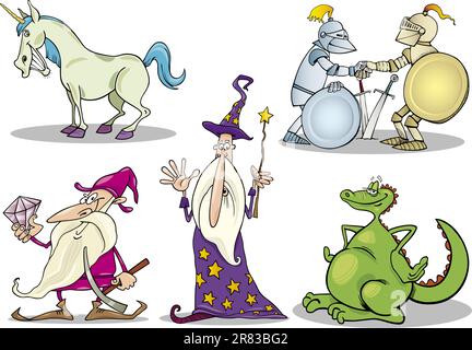 Cartoon Illustrations Set of Fairytale or Fantasy Characters Stock Vector
