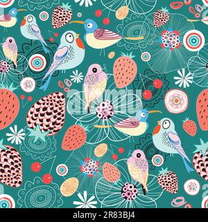 Seamless floral pattern with birds and berries on a green background Stock Vector