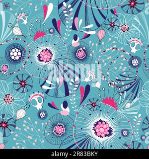 seamless abstract pattern on a blue background with skulls Stock Vector