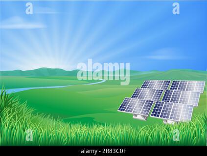 Illustration of solar panels in green landscape for sustainable renewable energy power generation Stock Vector