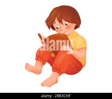 Boy is reading a book. Cozy evening of a teenager. Kid sits on the floor barefoot. Loves reading. Back to school. For posters, advertisements Stock Photo