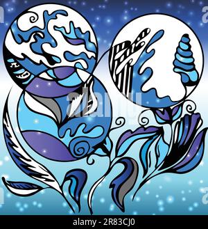 blue abstract flowers graphics with curly and wave forms Stock Vector