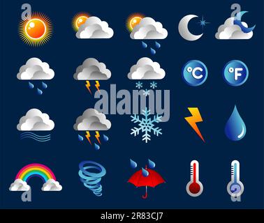 Climate icons set over blue background. Vector file layered for easy manipulation and custom coloring. Stock Vector