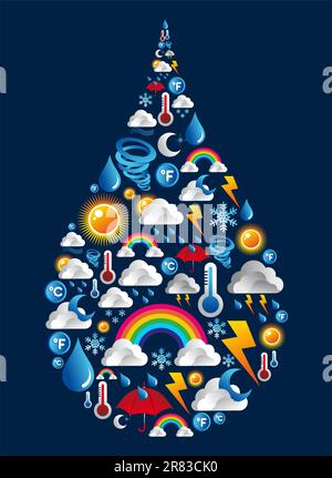 Weather icons set in water drop shape background. Vector file layered for easy manipulation and custom coloring. Stock Vector