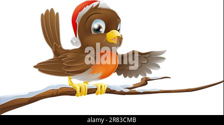 Christmas Robin bird seated on snow covered tree branch with Santa hat on pointing with wing Stock Vector