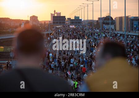 BELGRADE, SERBIA - JUNE 17, 2023.: Protest, uprising, march or strike in city streets. Crowd of people marching. Activism for equal human rights and a Stock Photo