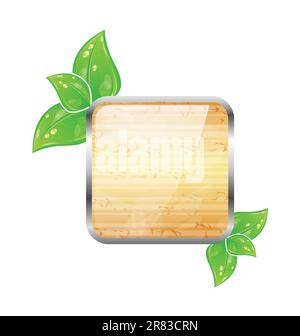 Illustration wooden square board with eco green leaves - vector Stock Vector
