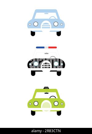 City cars front view illustration isolated on white background. Civil car, police and taxi cab. Cartoon style simple colorful vector illustration. Stock Vector