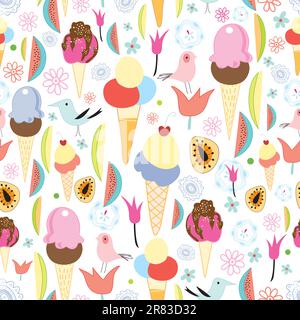 seamless pattern of bright fruit and ice cream on a light background with birds Stock Vector