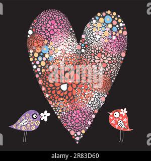 decorative multi-colored hearts and love birds on a black background Stock Vector