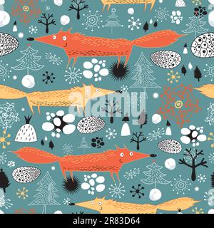 New seamless pattern with foxes on a dark background with snowflakes Stock Vector