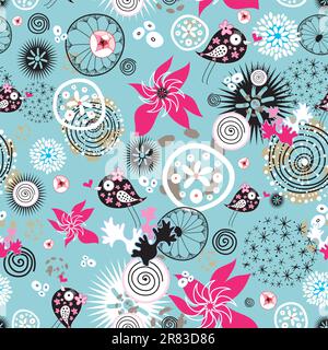 Seamless floral pattern with birds in love on a light blue background Stock Vector