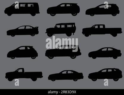 Various city cars silhouettes isolated on grey background. Stock Vector