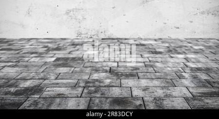 New gray paving slabs and white wall, panoramic background photo with perspective effect and selective focus Stock Photo