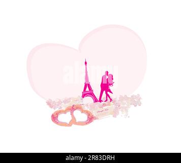 Romantic couple in Paris kissing near the Eiffel Tower. Retro card. Stock Vector