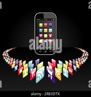 Application icons for mobile device in circle on black background. Vector file layered for easy manipulation and customisation. Stock Vector