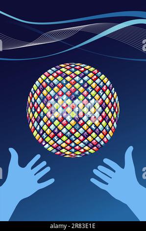Iphone application icons in world shape and two hands throwing on blue background. Vector file layered for easy manipulation and customisation. Stock Vector