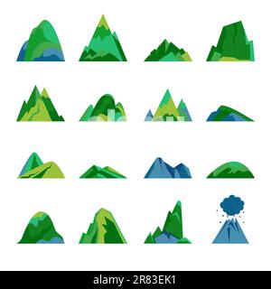 Mountain flat icon set. Rock and hill symbols, volcano. Vector illustration. Stock Vector