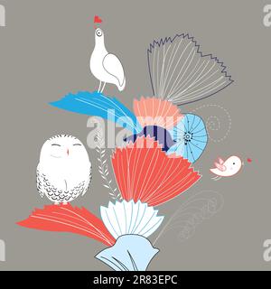 Graphic floral background with an unusual variety of birds with white on a dark background Stock Vector