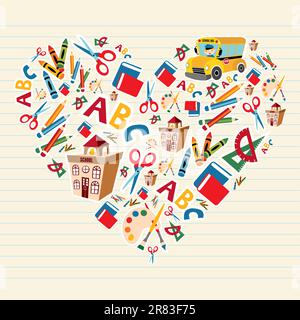 Set of school tools and supplies in heart shape background. Vector file layered for easy manipulation and custom coloring. Stock Vector