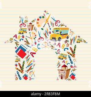 School tools and Supplies set in house shape background. Vector file layered for easy manipulation and custom coloring. Stock Vector
