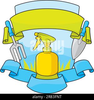 Gardening shield with grass and sky background, tools, spray bottle and banners. Stock Vector