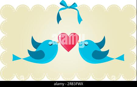 Two twitter birds fall in love holding a red heart background. Vector file available. Stock Vector