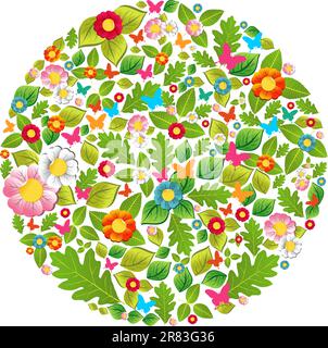 Leaf, flower, butterfly in spring and summer circle. Vector file layered for easy manipulation and custom coloring. Stock Vector