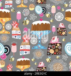 seamless pattern of bright cakes on a brown background with flowers Stock Vector