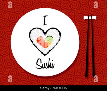 I love sushi handwritten in white dish over red background. Vector file layered for easy manipulation and custom coloring. Stock Vector