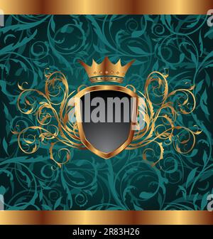 Illustration gold vintage frame with heraldic elements (crown, shield), seamless floral texture - vector Stock Vector