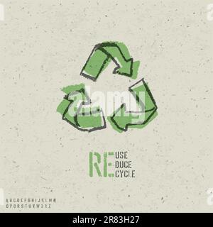 Reuse, reduce, recycle poster design.  Include reuse symbol image, seamless reuse paper texture in swatch palette and stencil alphabet. Vector, EPS10 Stock Vector