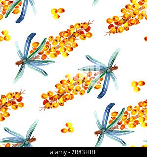 Seamless pattern of watercolor sea buckthorn branches, juicy, ripe berries and leaves, hand-painted on a white background. Stock Photo