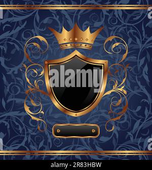 Illustration golden vintage with heraldic elements (crown, shield), seamless floral texture - vector Stock Vector