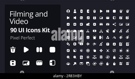 Video production white pixel perfect solid ui icons pack Stock Vector