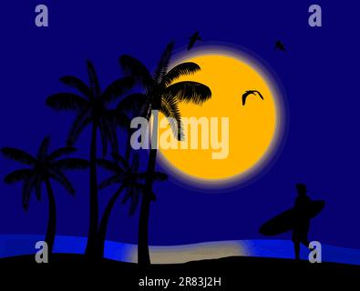Sunset on blue tropical paradise with palm's and surfer silhouette, vector illustration Stock Vector