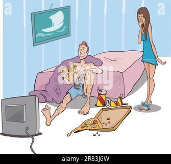 Humorous Cartoon Illustration of Young Man Watching Television in Messed up room and Shocked Woman Stock Vector